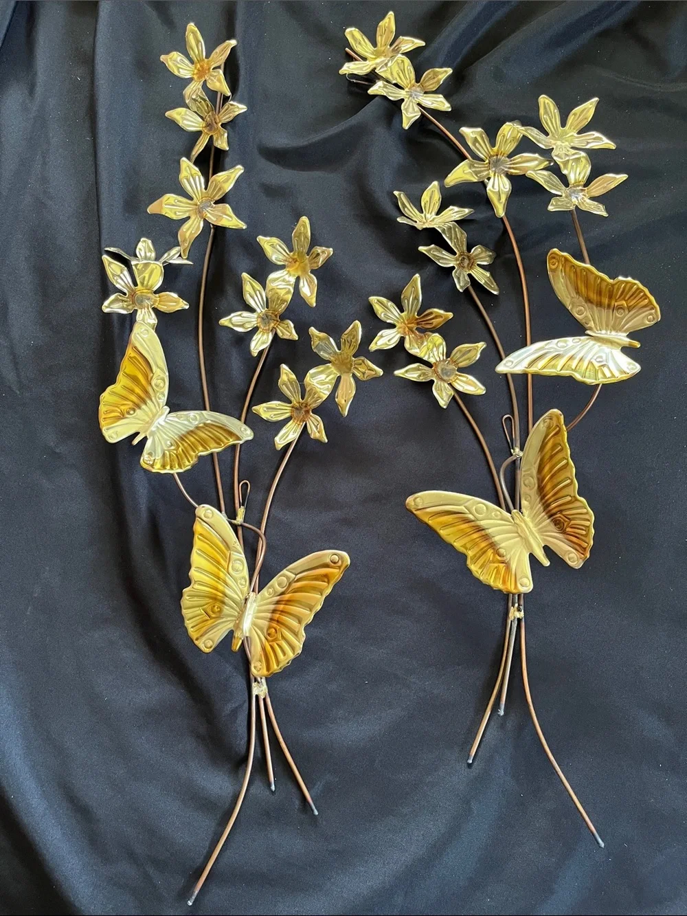 Vtg Metal Brass Butterfly Flower Wall Art Hanging Decor Set of 2 MCM Gold Tone